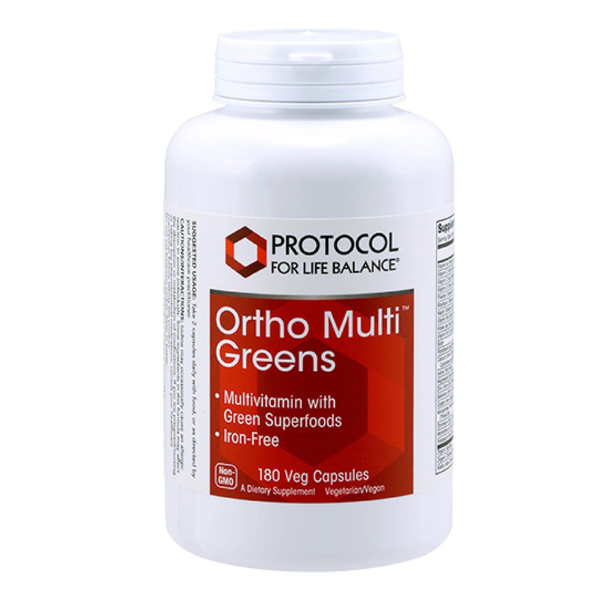 Protocol for Life Balance Ortho Multi Greens Multivitamin with Green Superfoods, with Vitamins C, B6, B12 & More, with Spirulina, Chlorella & Alfalfa, Iron Free, Non-GMO, 180 Veg Caps