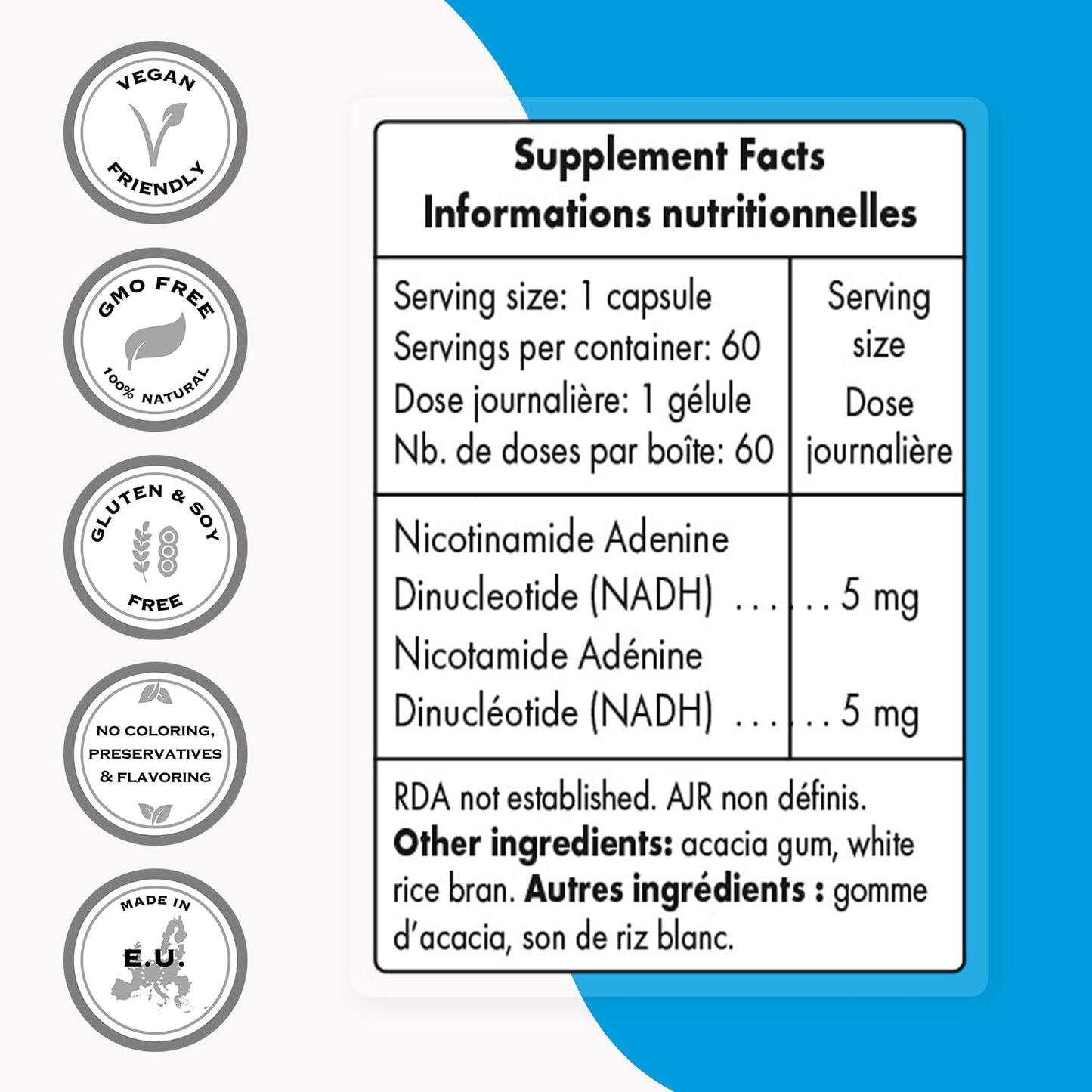 Supersmart NADH 5mg per Day (Reduced Nicotinamide Adenine Dinucleotide) NADH Supplement - Energy Capsules, 60 Count