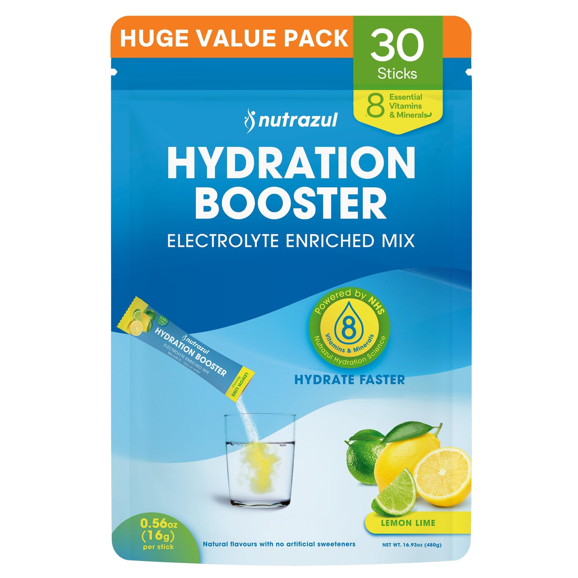 nutrazul Hydration Booster Electrolytes Powder Sticks Lemon Lime Flavor, 30 Sticks