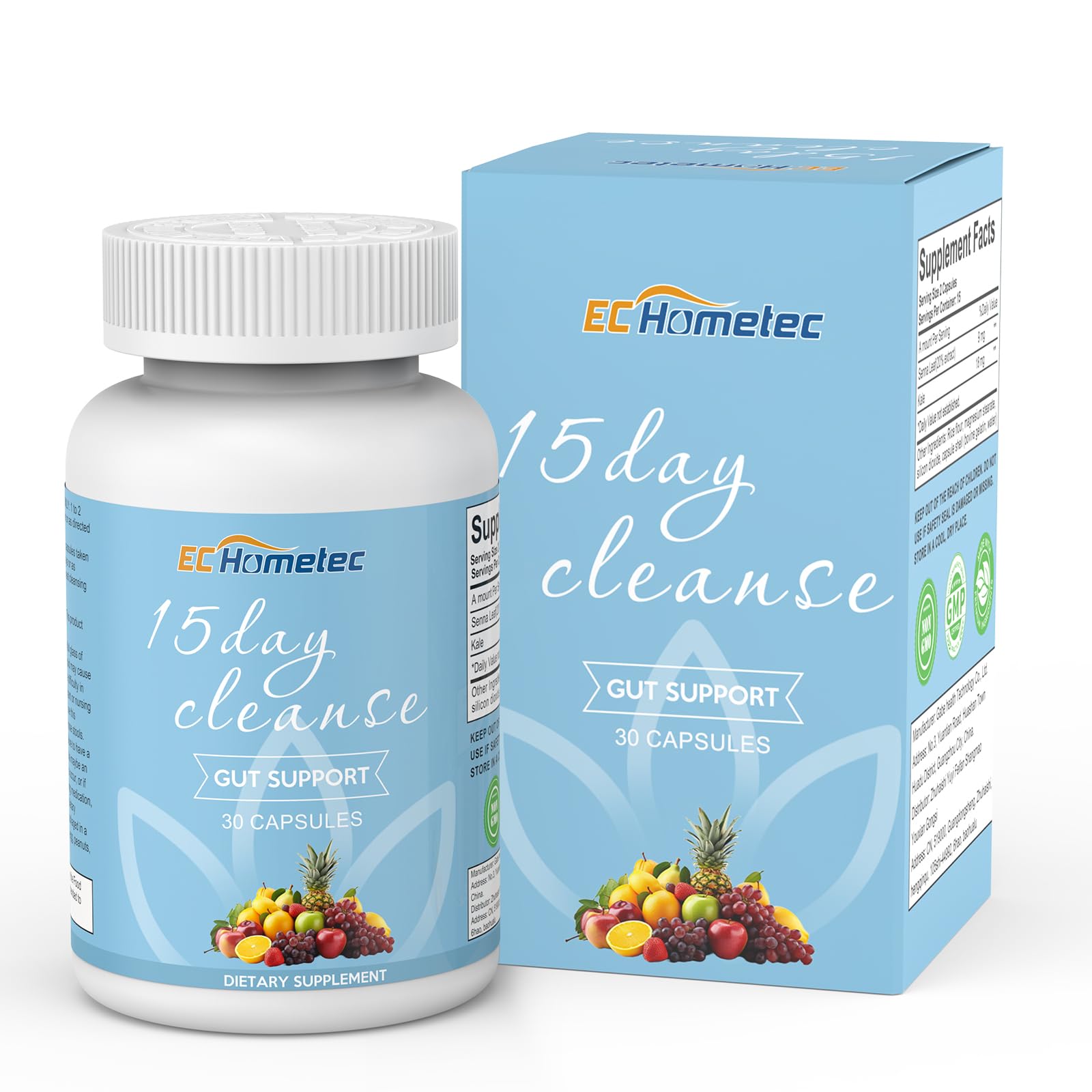 EC Hometec 15 Day Cleanse, Gentle Colon Detox with Senna Leaf & Kale, Natural Bloating Relief for Women & Men, 15-Day Gut Cleanse Supplement for Digestive Health, 30 Capsules
