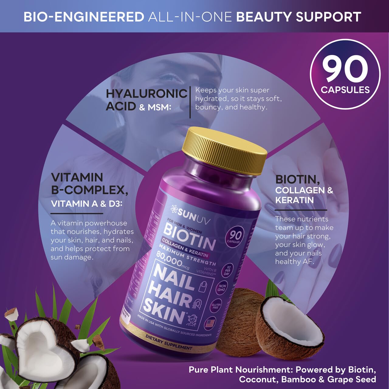 SUNUV Biotin 10,000mcg Collagen Keratin Hyaluronic Acid Hair Growth Vitamins for Hair Skin & Nails Support 90 Capsules