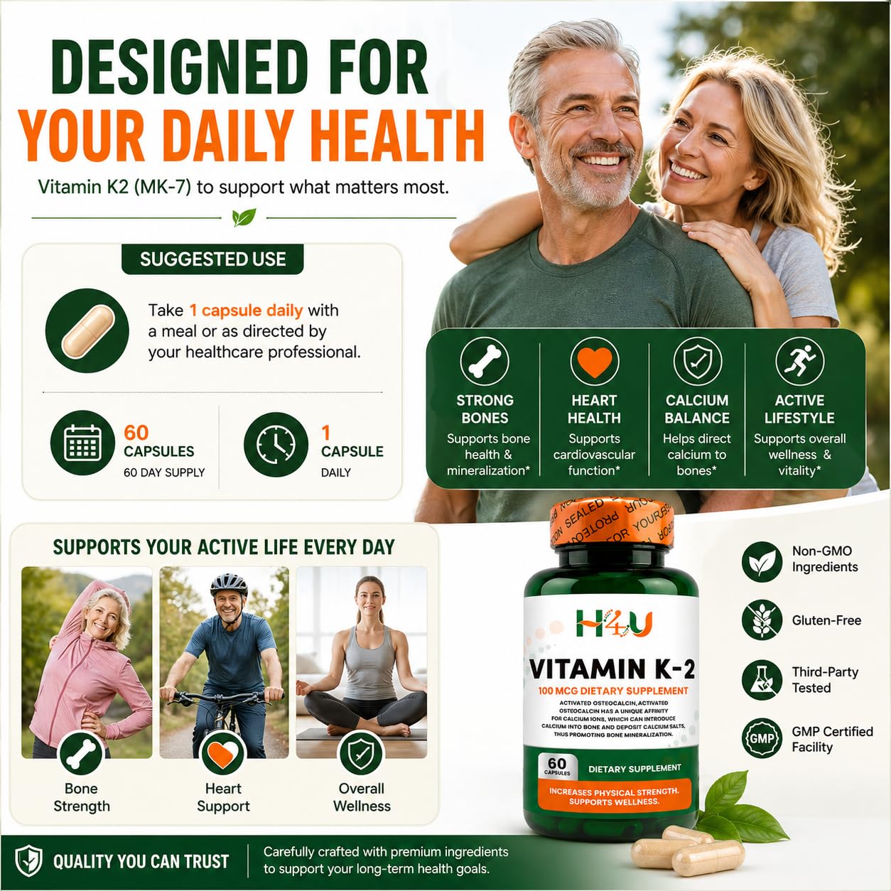 H4U Vitamin K2 MK-7 100 mcg Capsule, 60 Count