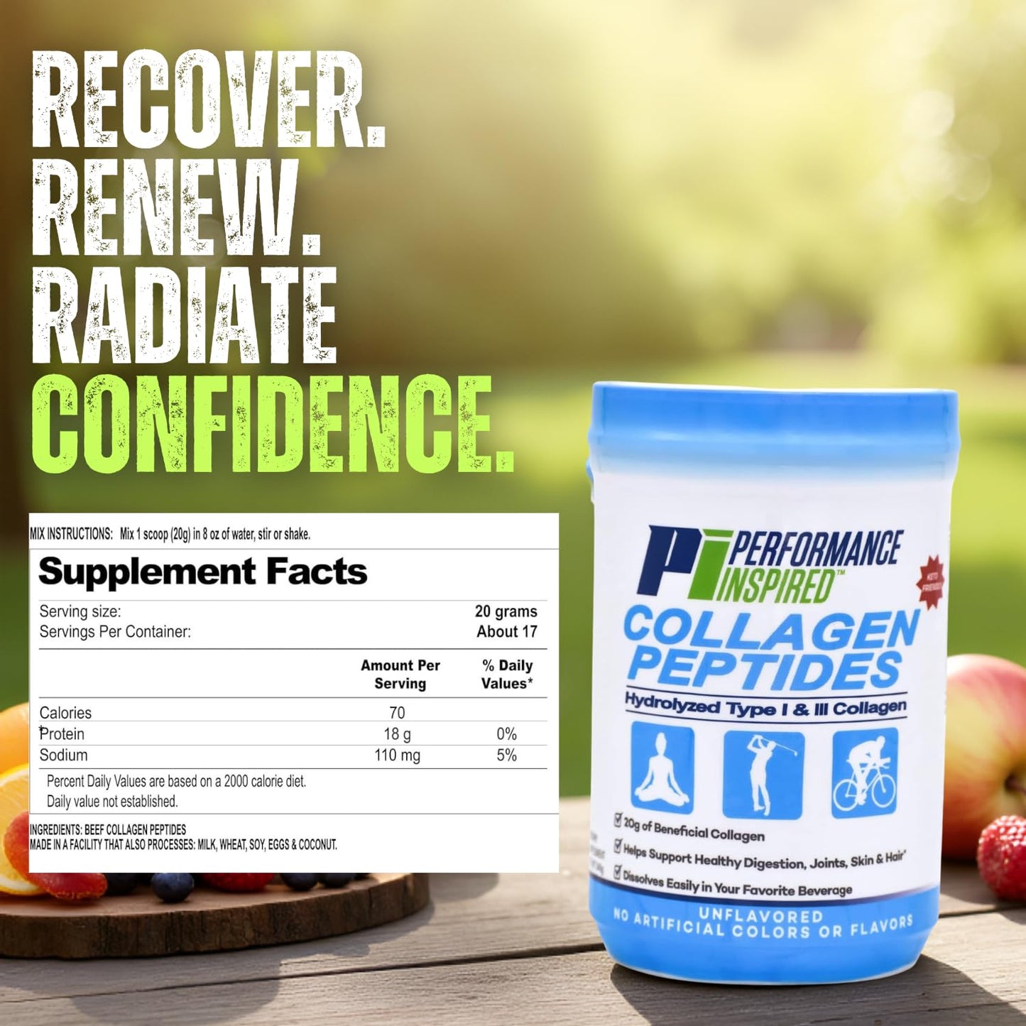 PERFORMANCE INSPIRED Collagen Peptides Powder Unflavored 18G Protein, 11.99 Ounce (Pack of 1)