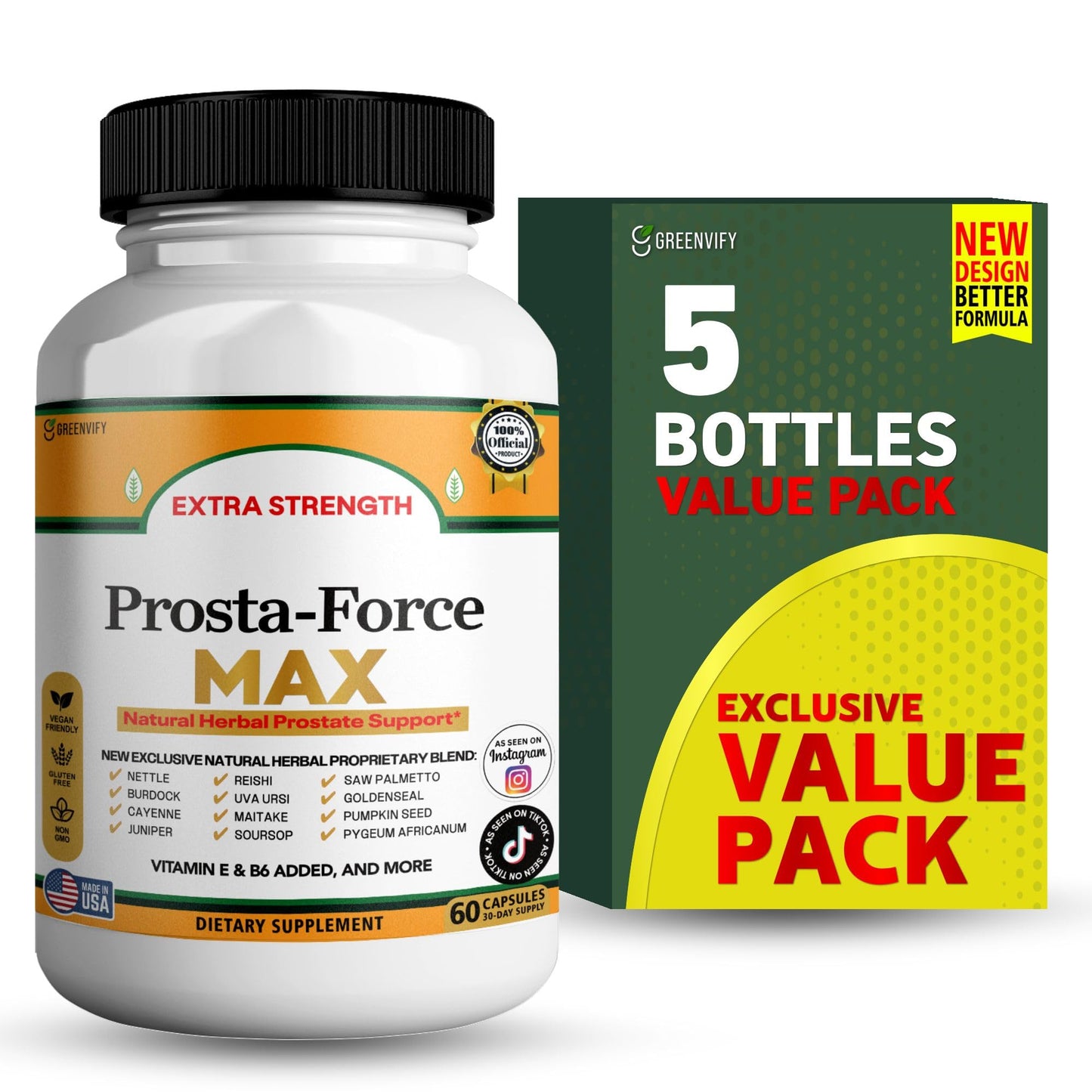 GREENVIFY Prosta-Force Max Extra Strength Prostate Support Natural Herbal Supplement with Saw Palmetto, Pygeum, Plant Sterols, 60 Capsules