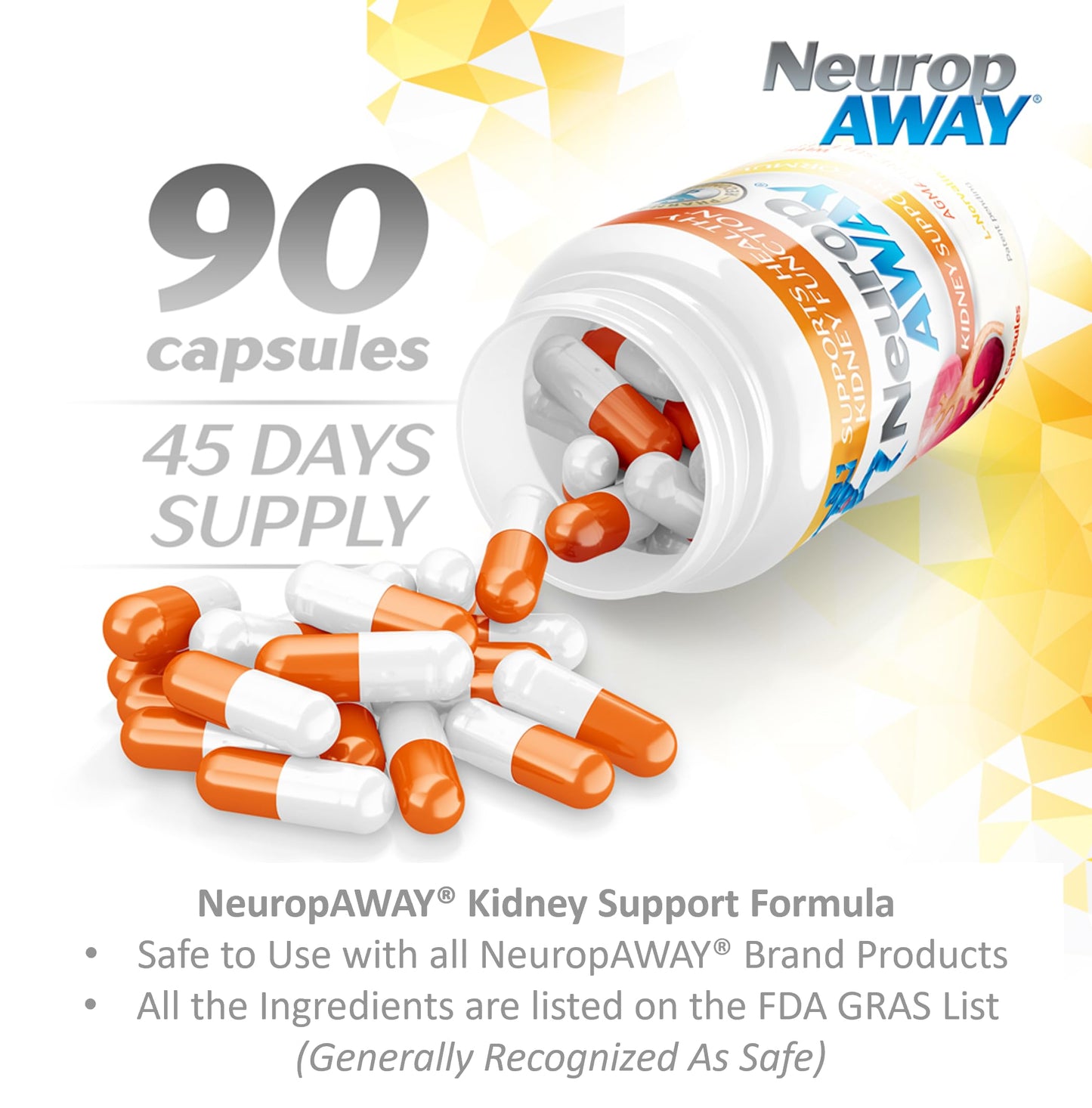 NeuropAWAY Kidney Support Formula Sugar Free with Agmatine Sulfate 500mg L-Novaline 50mg L-Ornithine 150mg L-Citrulline 100mg Capsule, 90 Count