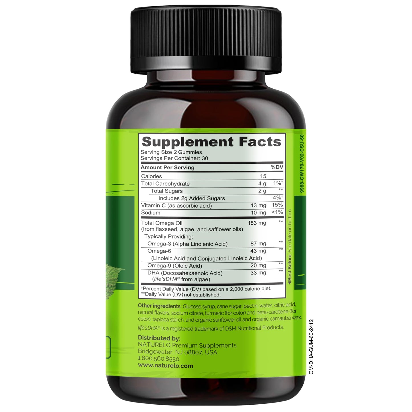 NATURELO Vegetarian DHA and Omega 3 Supplement from Algae and Chia Seed Oil Gummies, 60 Gummies