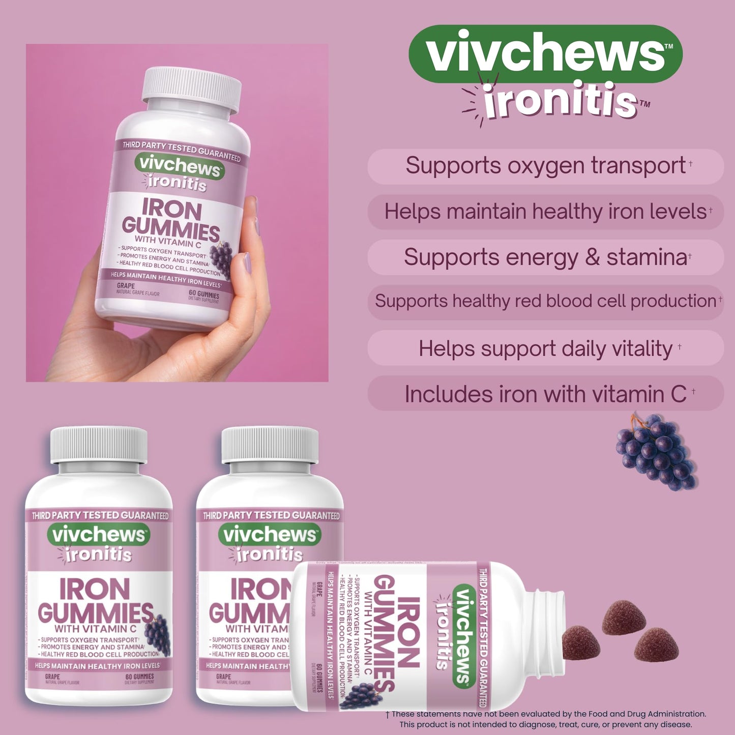 Vivchews Iron Gummies with Vitamin C 20 mg Iron (Ferrous Fumarate), 60 Count