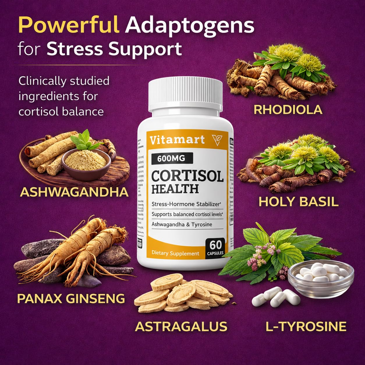 Vitamart Nutraceuticals Cortisol Health Adrenal Health Manager Adaptogenic Ashwagandha & Sleep Support, 60 Capsules
