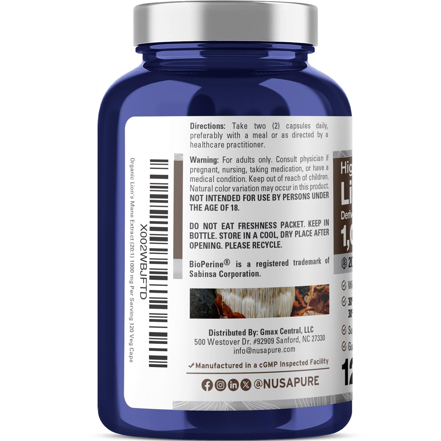 NusaPure Lions Mane Capsules 1000 mg, 120 Veg Capsules