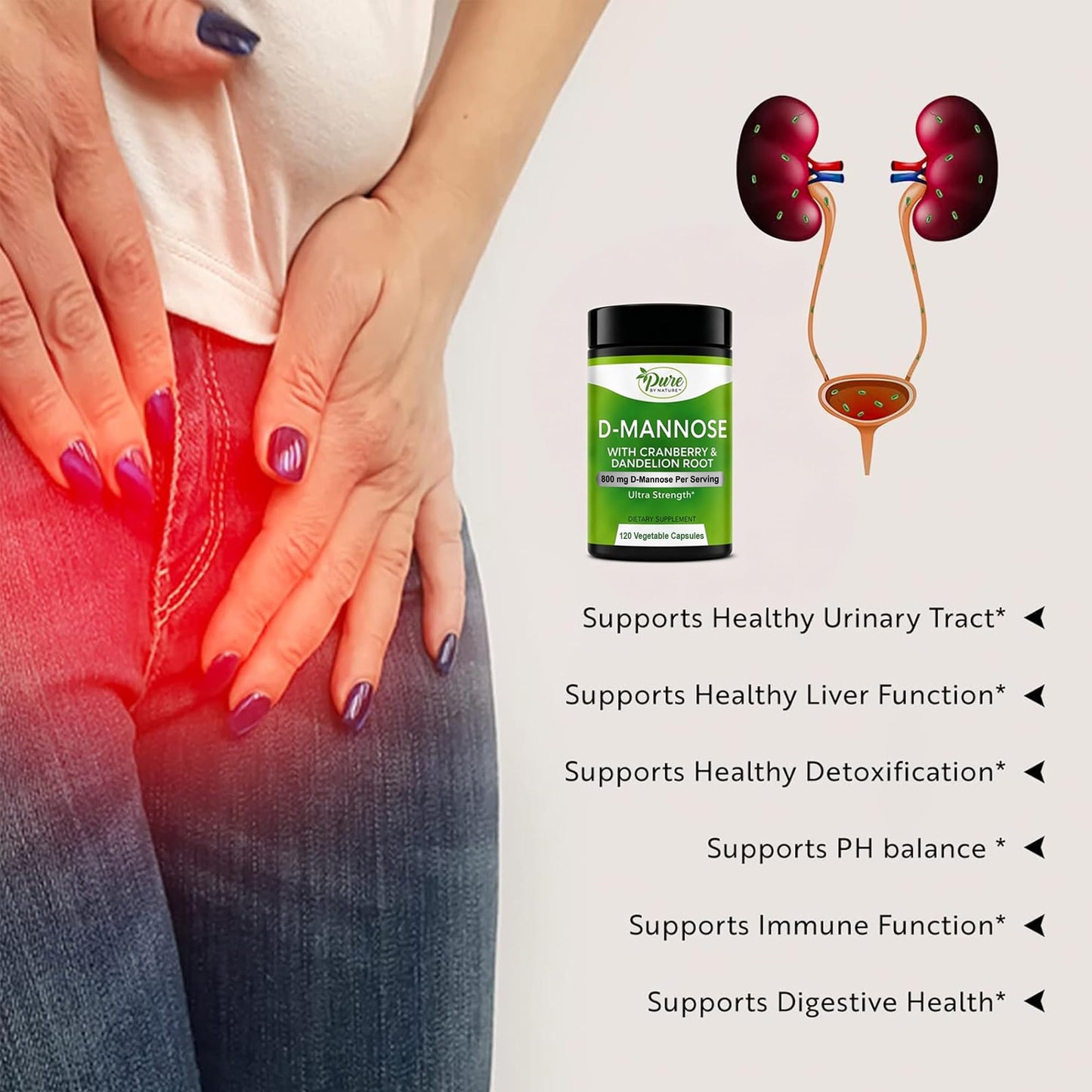 Pure By Nature D-Mannose Cranberry Capsules 800mg Per Serving, 120 Vegan Capsules