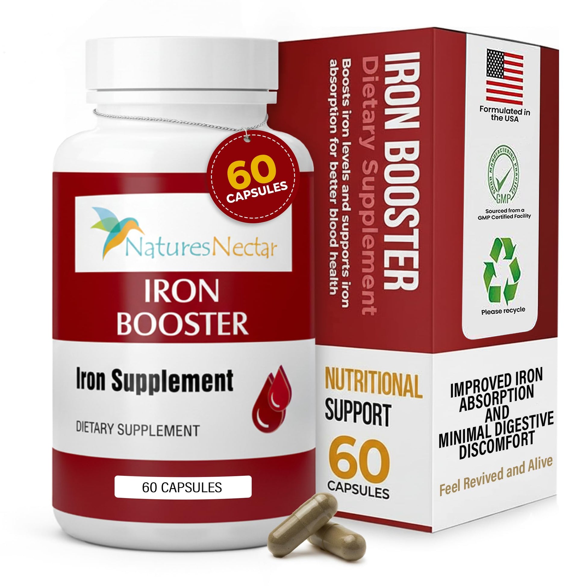 Nature's Nectar Blood Builder Iron Supplement – Slow Release Iron Capsules with Vitamin B-12, Folic Acid & Vitamin C, Supports Red Blood Cell Production, 60 Capsules