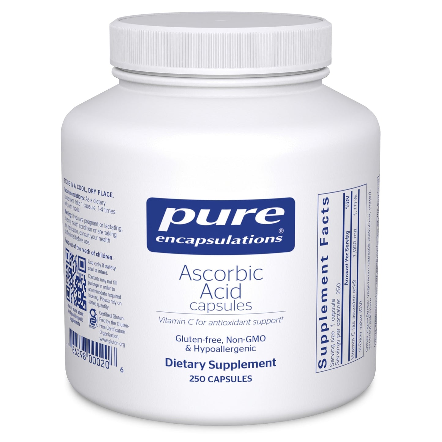 Pure Encapsulations Ascorbic Acid Capsules 1,000 mg Vitamin C - Antioxidant & Immune Support, High-Potency Vitamin C, Vegan & Non-GMO, 250 Capsules
