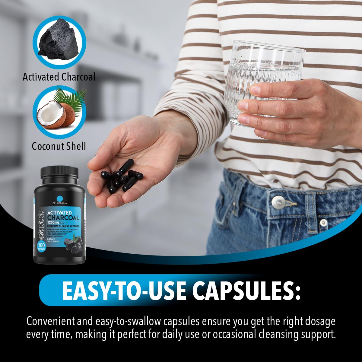 Dr. Robaina Activated Charcoal Capsules 1200 mg, 100 Count
