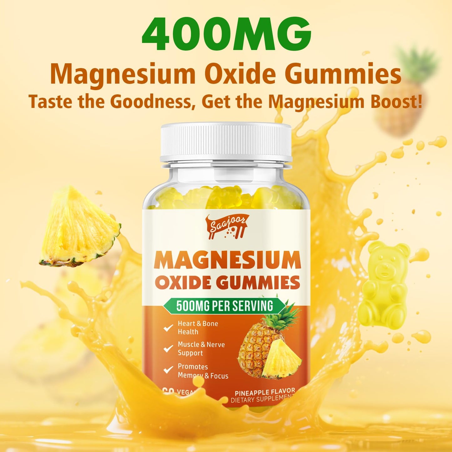 Saajoor Magnesium Oxide 500mg Gummies, 60 Count