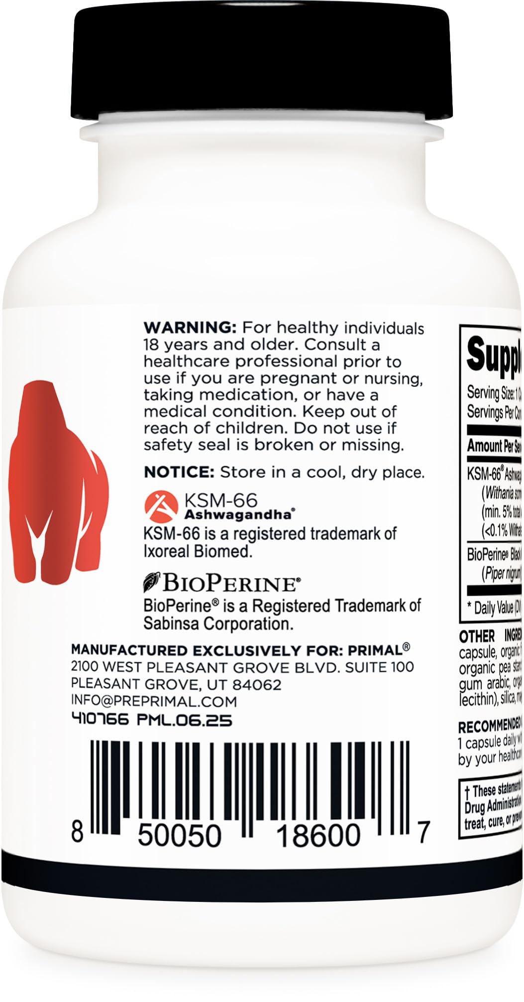 Primal KSM-66 Ashwagandha Complex with Black Pepper Extract, 60 Capsules