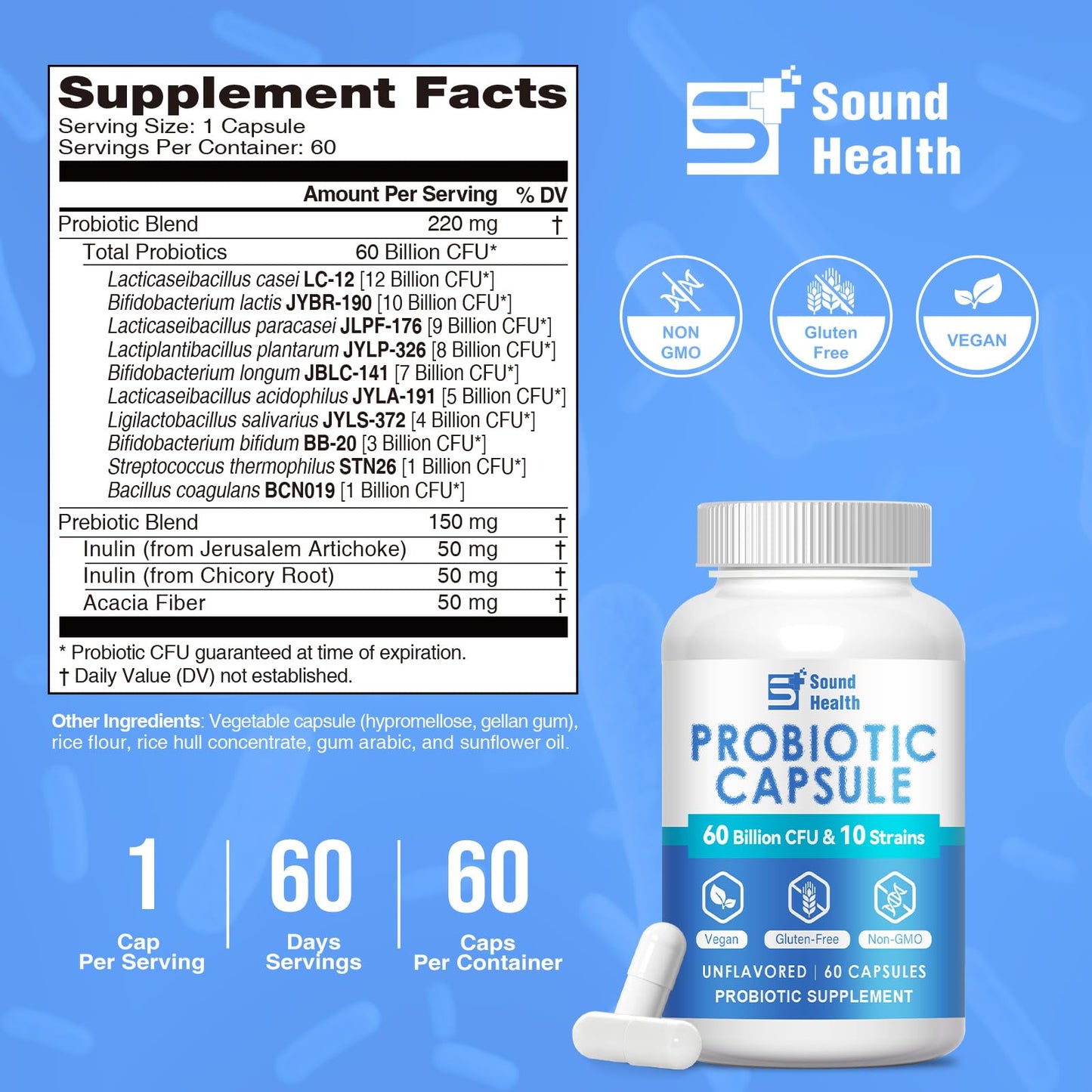 Sound Health Bloom 60 Billion CFU Probiotic Capsules with Prebiotics, 10 Strains Digestive Gut Support Probiotics Supplement for Adults, Vegan, Non-GMO, Gluten Free, 60 Capsules