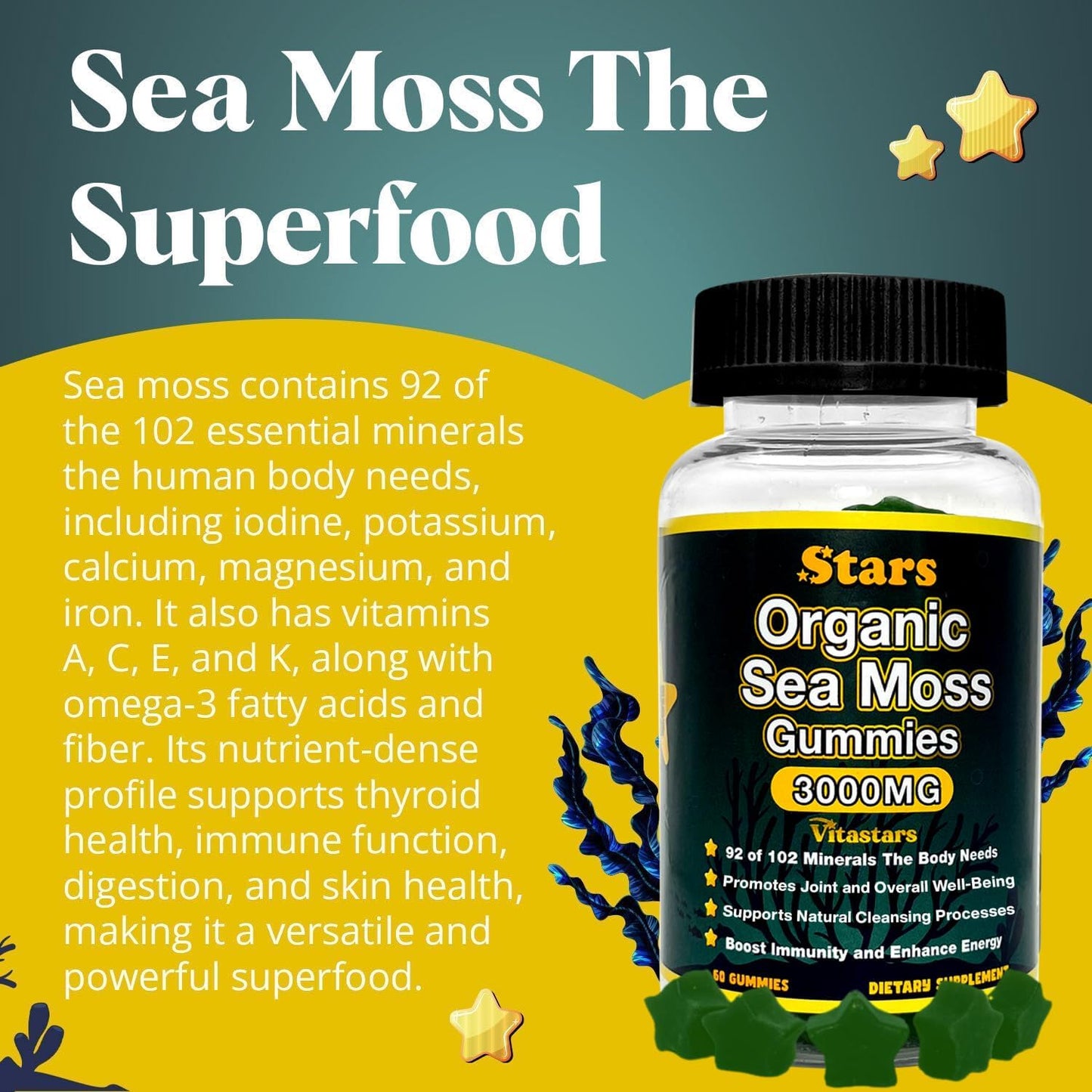 Vitastars Organic Sea Moss Gummies with Apple Cider Vinegar, Burdock Root & Bladderwrack - 60 Count