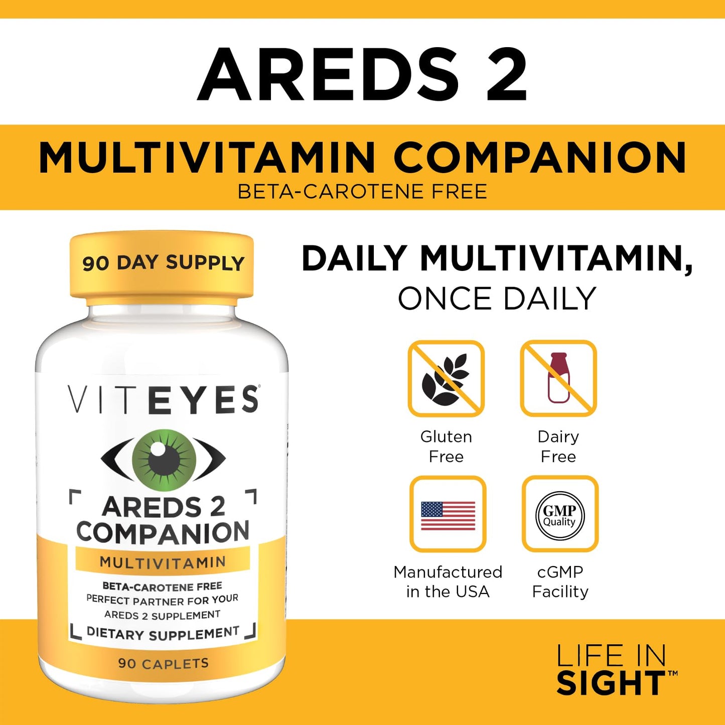 Viteyes Classic AREDS 2 Companion Beta-Carotene Free Multivitamin Supplement Caplets 90