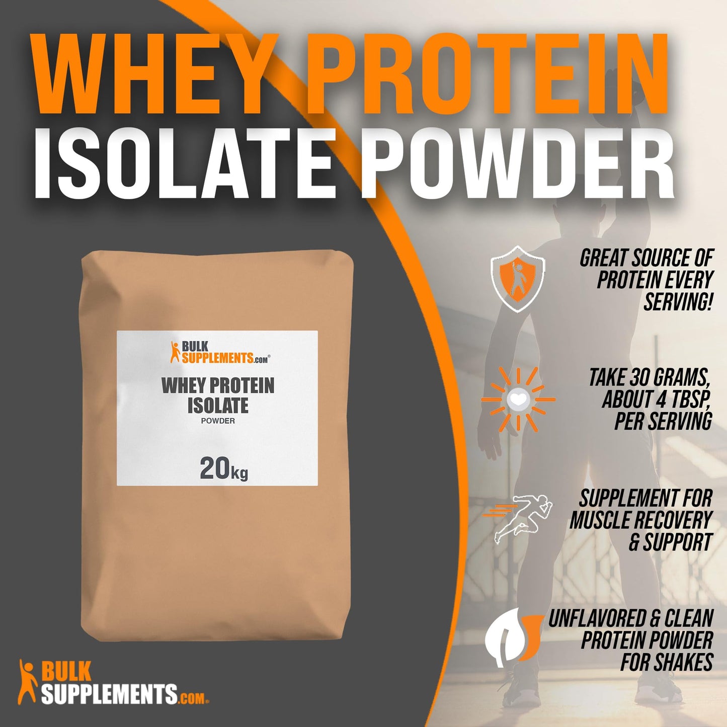 BulkSupplements Whey Protein Isolate Powder, Unflavored, Gluten Free, 20 kg (44.09 lb), 705.5 Servings
