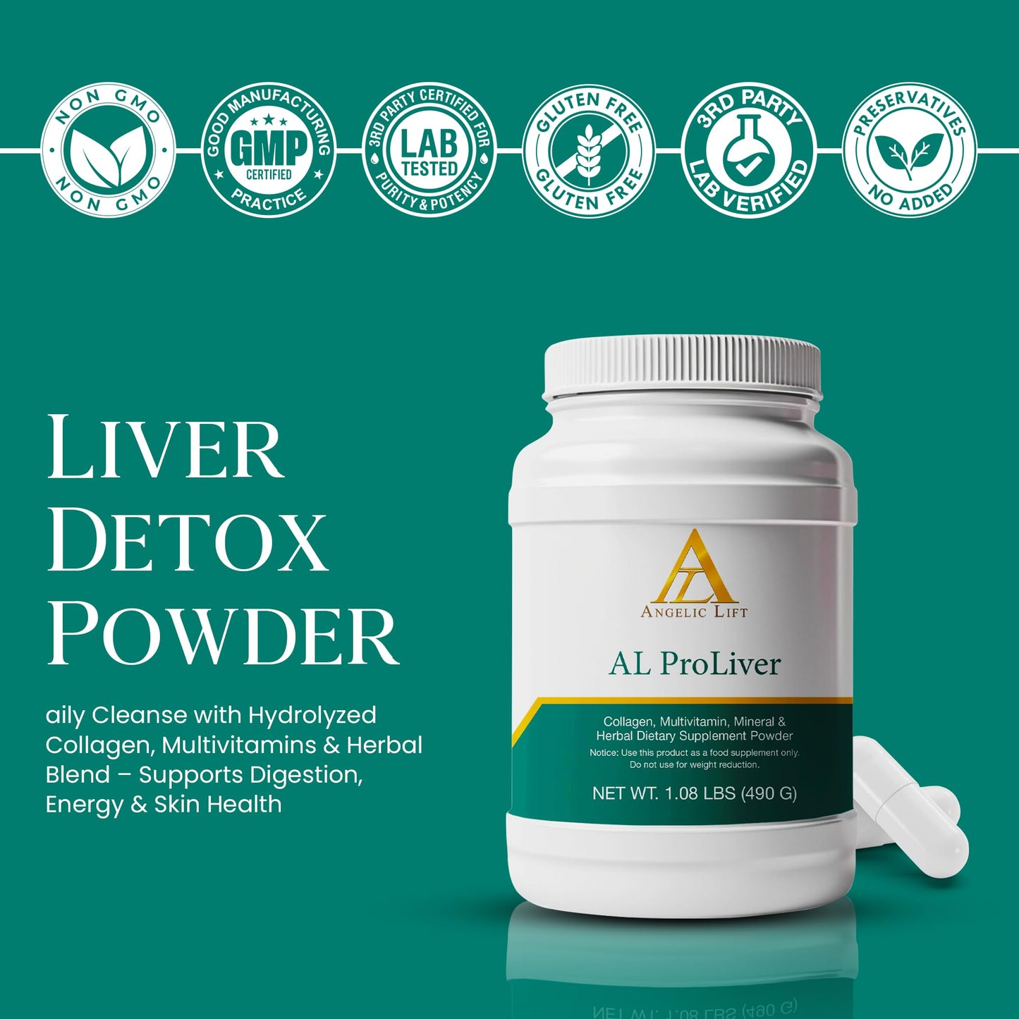 ANGELIC LIFT AL ProLiver Liver Detox & Cleanse Supplement with Collagen, Multivitamins, Minerals & Herbal Blend Powder, 17.28 oz