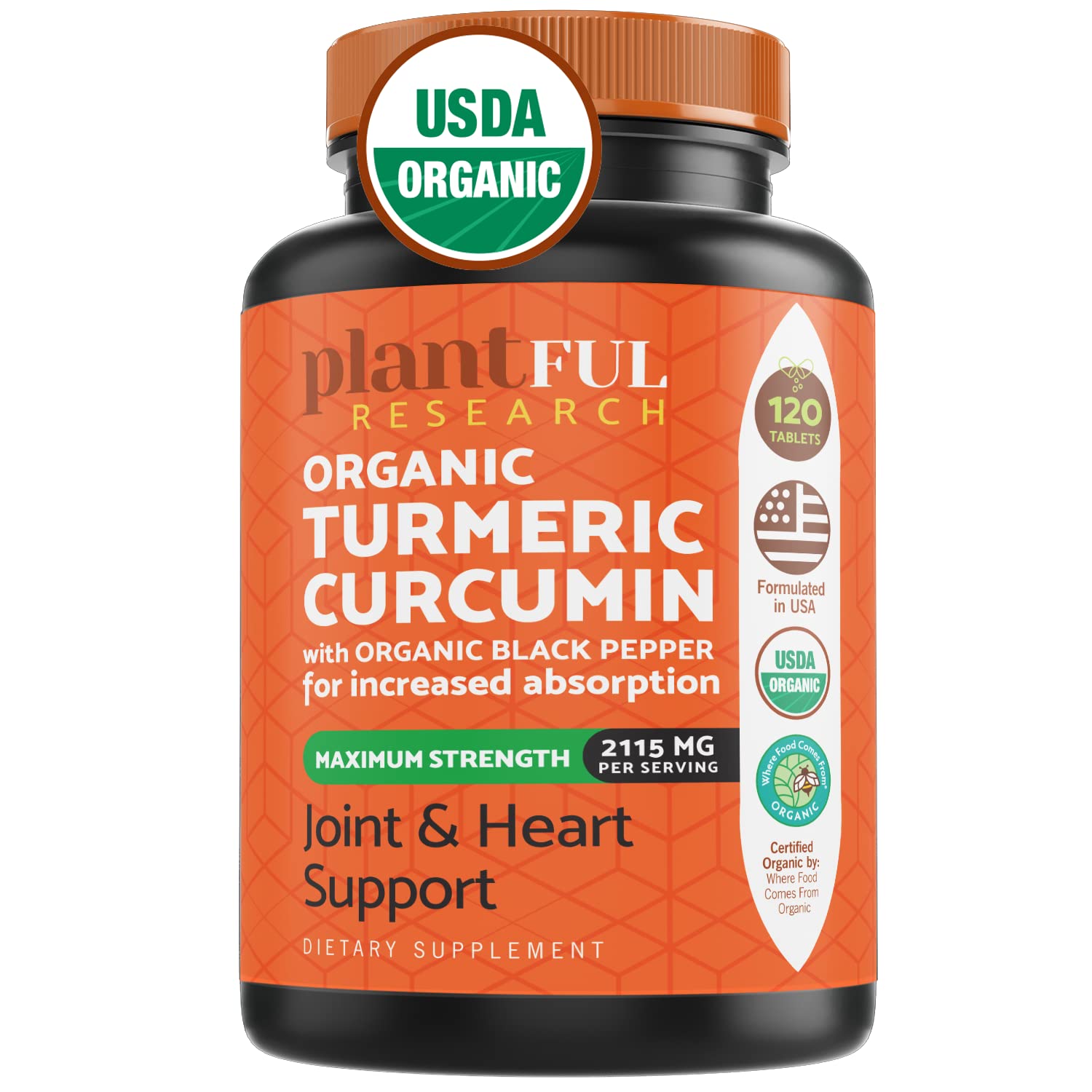 PLANTFUL RESEARCH Organic Turmeric Curcumin with Black Pepper Tablets, 120 Tablets