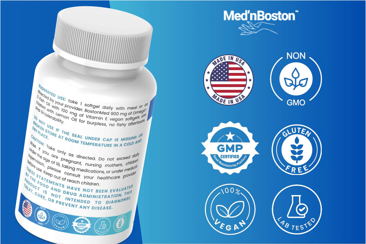 Med'nBoston Fish Oil 1200, 900mg Omega-3 with Vitamin E Softgels, 60 Count
