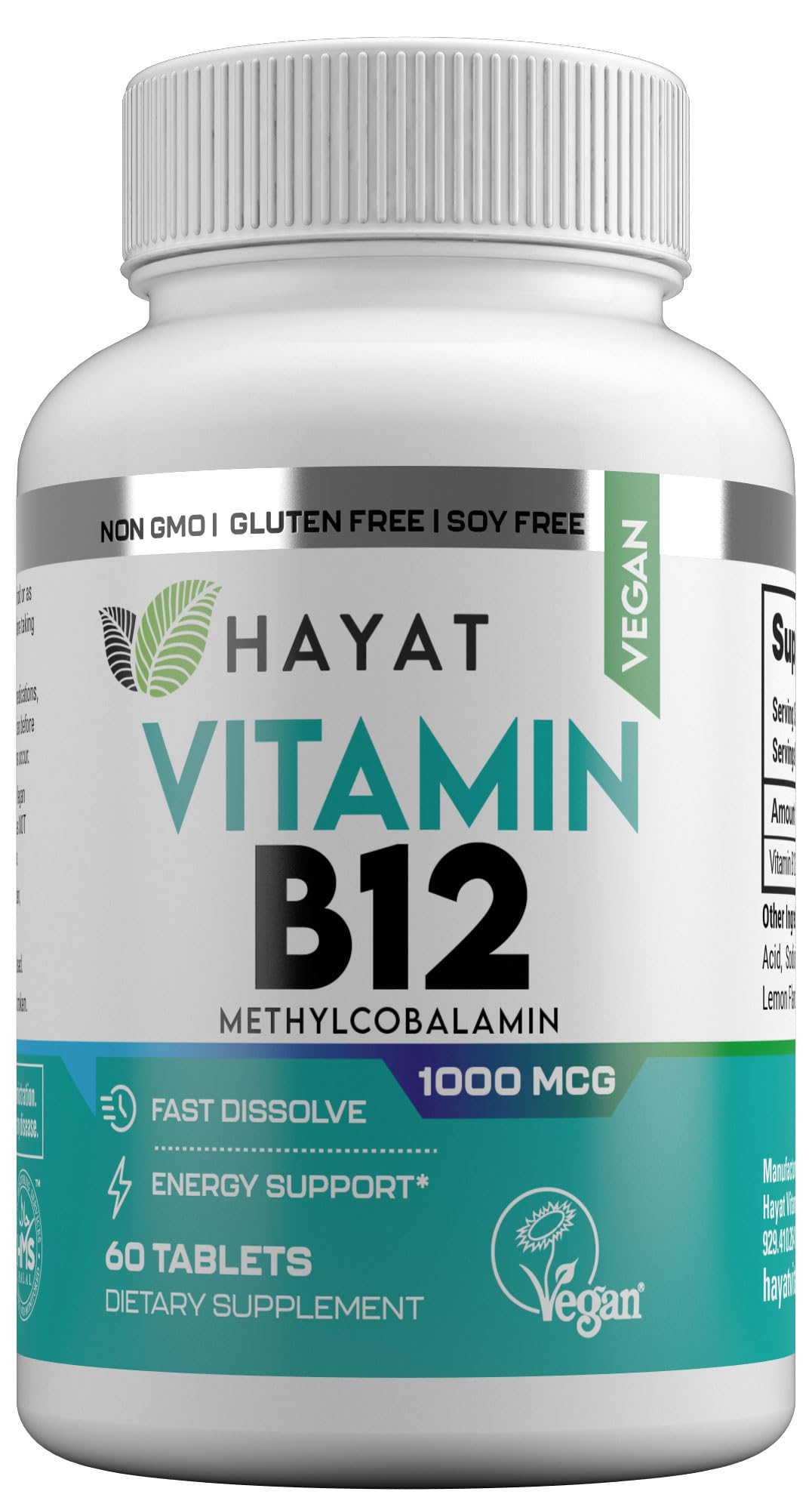 HAYAT Vegan Natural Vitamin B12 1000 mcg Tablets, 60 Count