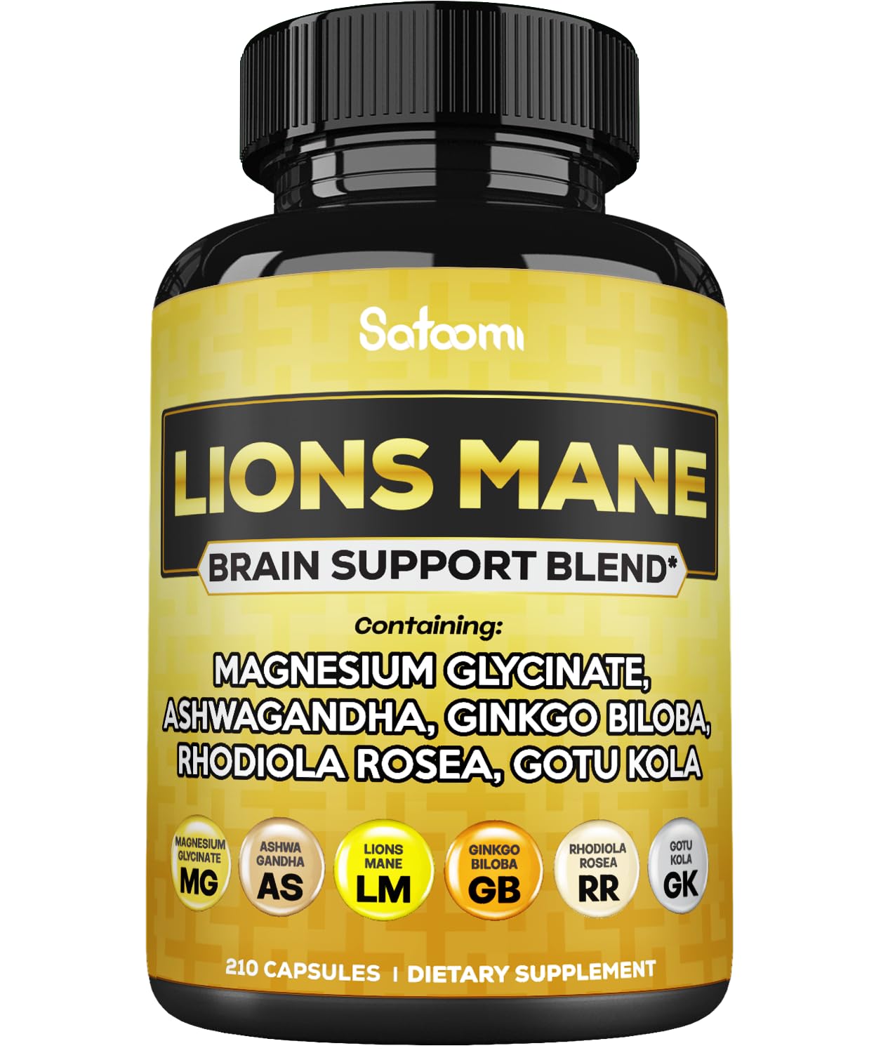 Satoomi Lions Mane Supplement Capsules with Magnesium, Ashwagandha, Ginkgo Biloba, Rhodiola Rosea and Gotu Kola - 210 Vegan Capsules