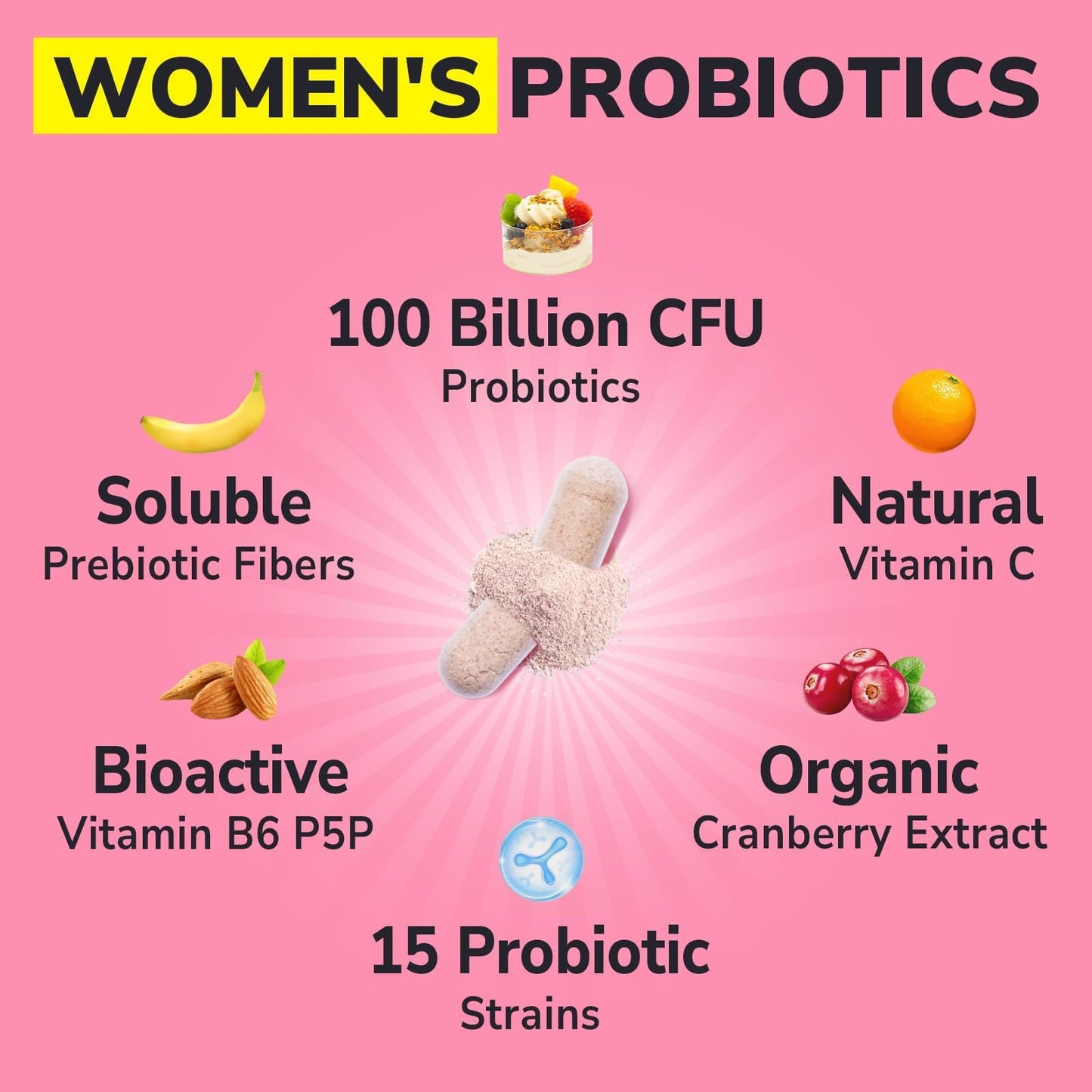 Vitalibre Probiotics for Women 100 Billion CFU 15 Strains, DailyProbiotic & Prebiotic Supplement with Organic Cranberry to Support Vaginal, Digestive, Immune Health, Shelf Stable, 60 Capsules