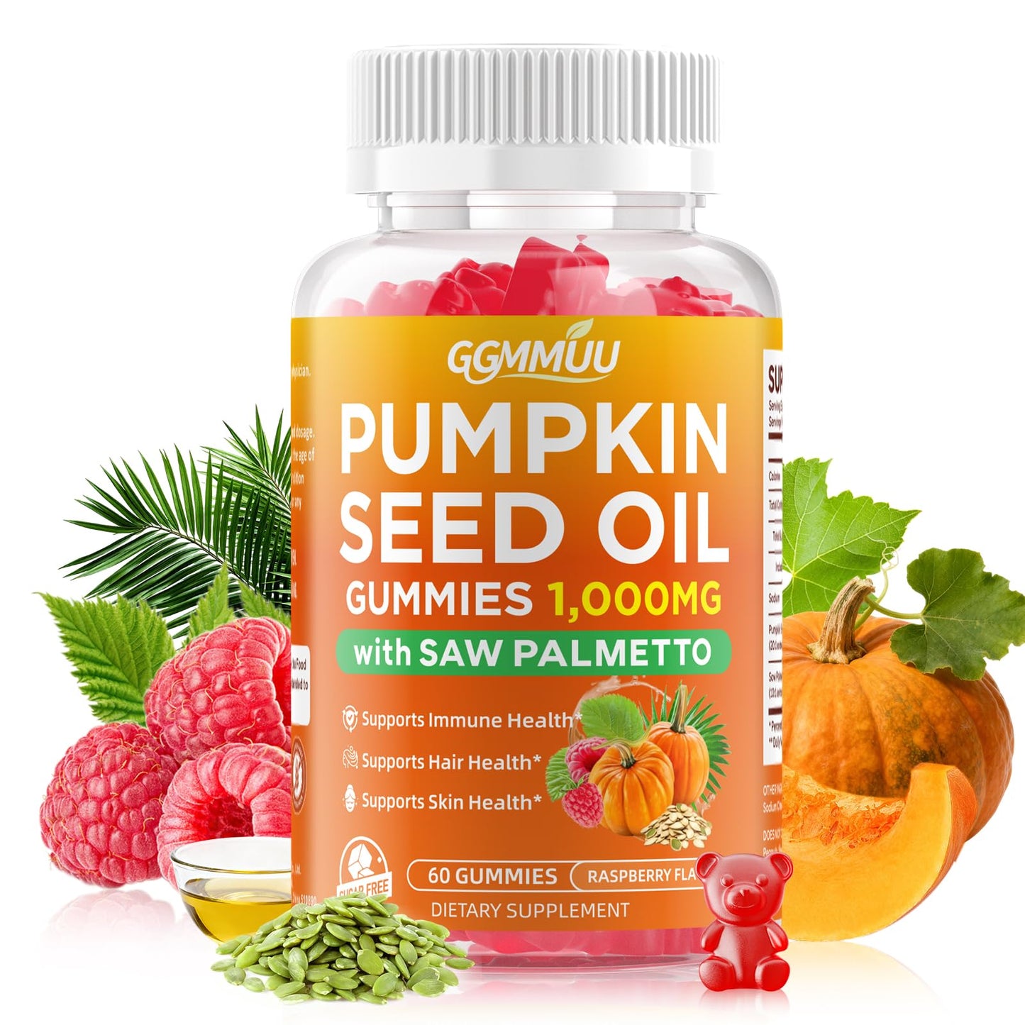 GGMMUU Pumpkin Seed Oil Gummies with Saw Palmetto, Raspberry, 60 Count