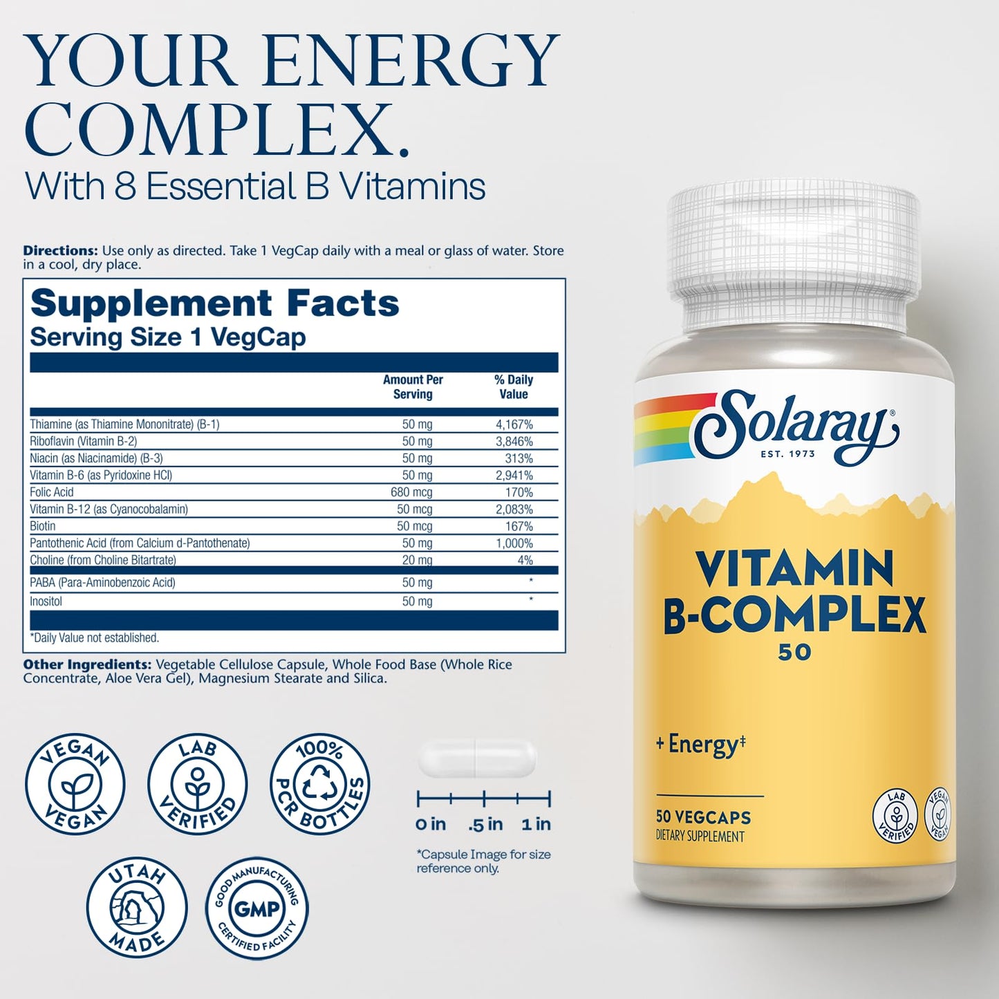 SOLARAY Vitamin B Complex 50 mg Capsules, 50 VegCaps