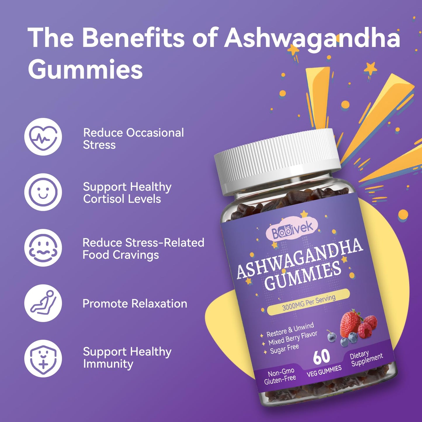 Babivek Ashwagandha Gummies 3000mg, 60 Count