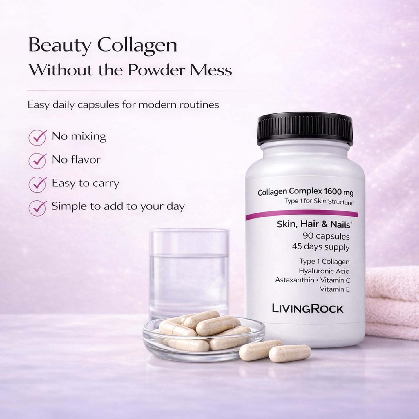 LivingRock Marine Beauty Collagen Complex for Skin, Hair & Nails with Type 1 Marine Collagen, Hyaluronic Acid, Astaxanthin, Vitamins C & E, 90 Capsules
