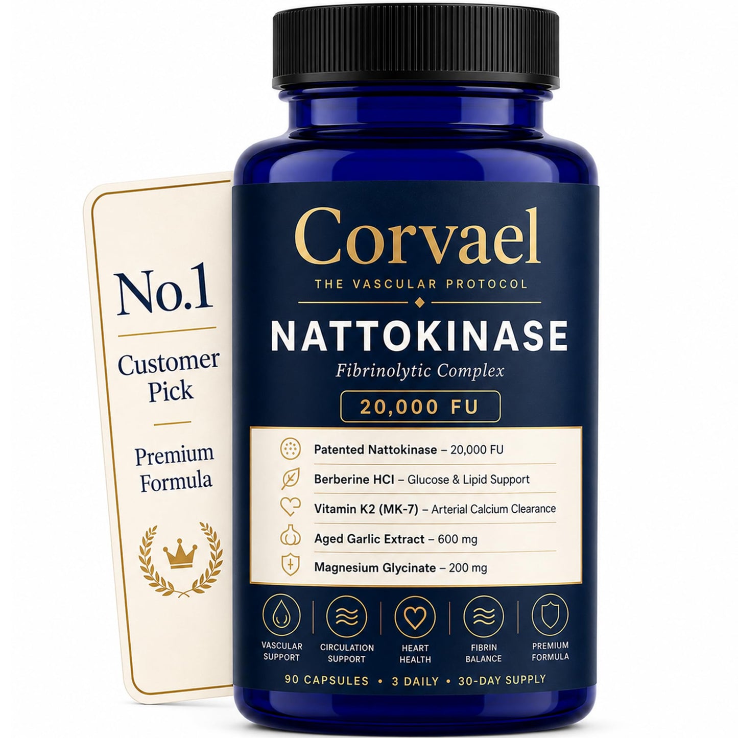 Corvael Nattokinase Supplement 20,000 FU with Vitamin K2 MK-7, Berberine, Aged Garlic Extract and Magnesium Glycinate, Daily Circulation Support, 90 Capsules