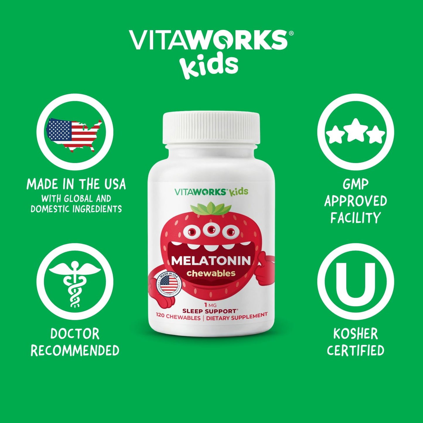 VitaWorks Kids Melatonin 1 mg Chewable Tablets, with Chamomile, L-Theanine and Lemon Balm Extract, Sleep Aid for Children, 120 Tablets