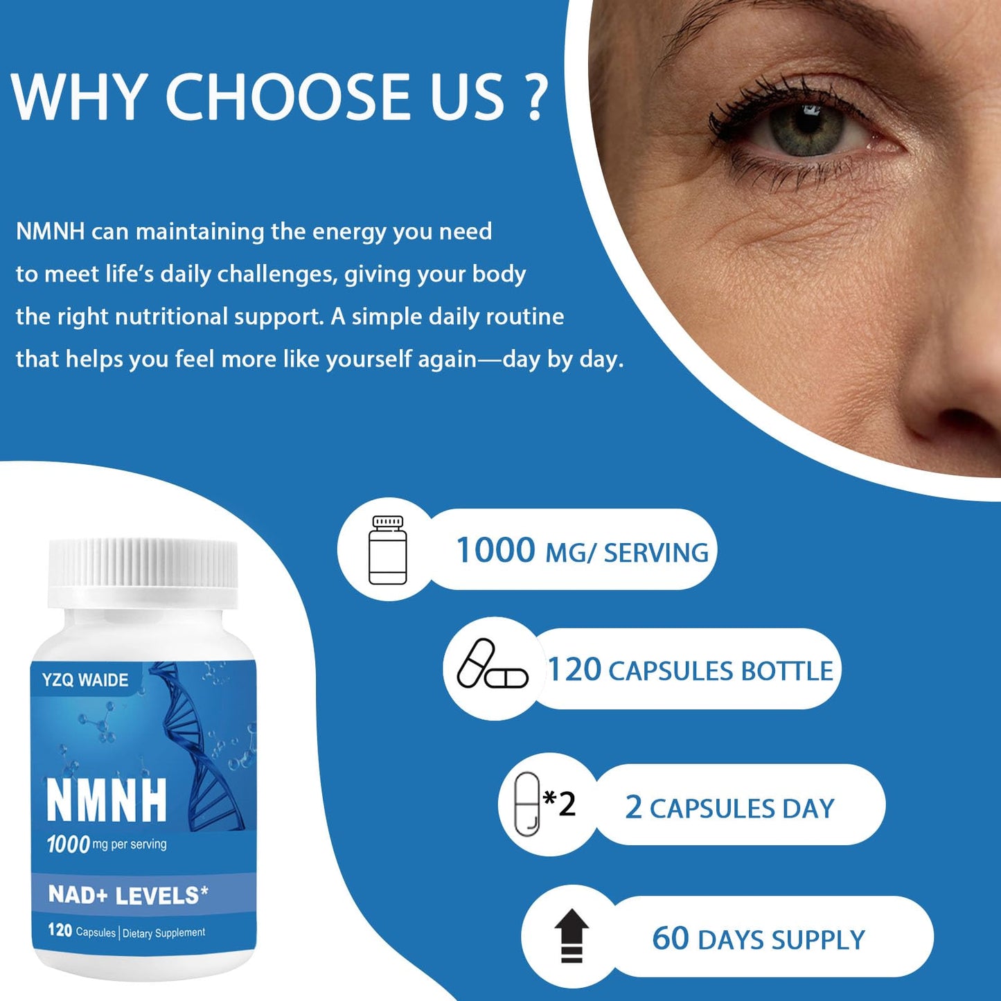 YZQ WAIDE NMNH (Dihydronicotinamide Mononucleotide) 1000mg NMNH Supplement to Boost NAD+ Levels, Resveratrol with Quercetin for Energy, Aging, 120 Capsules