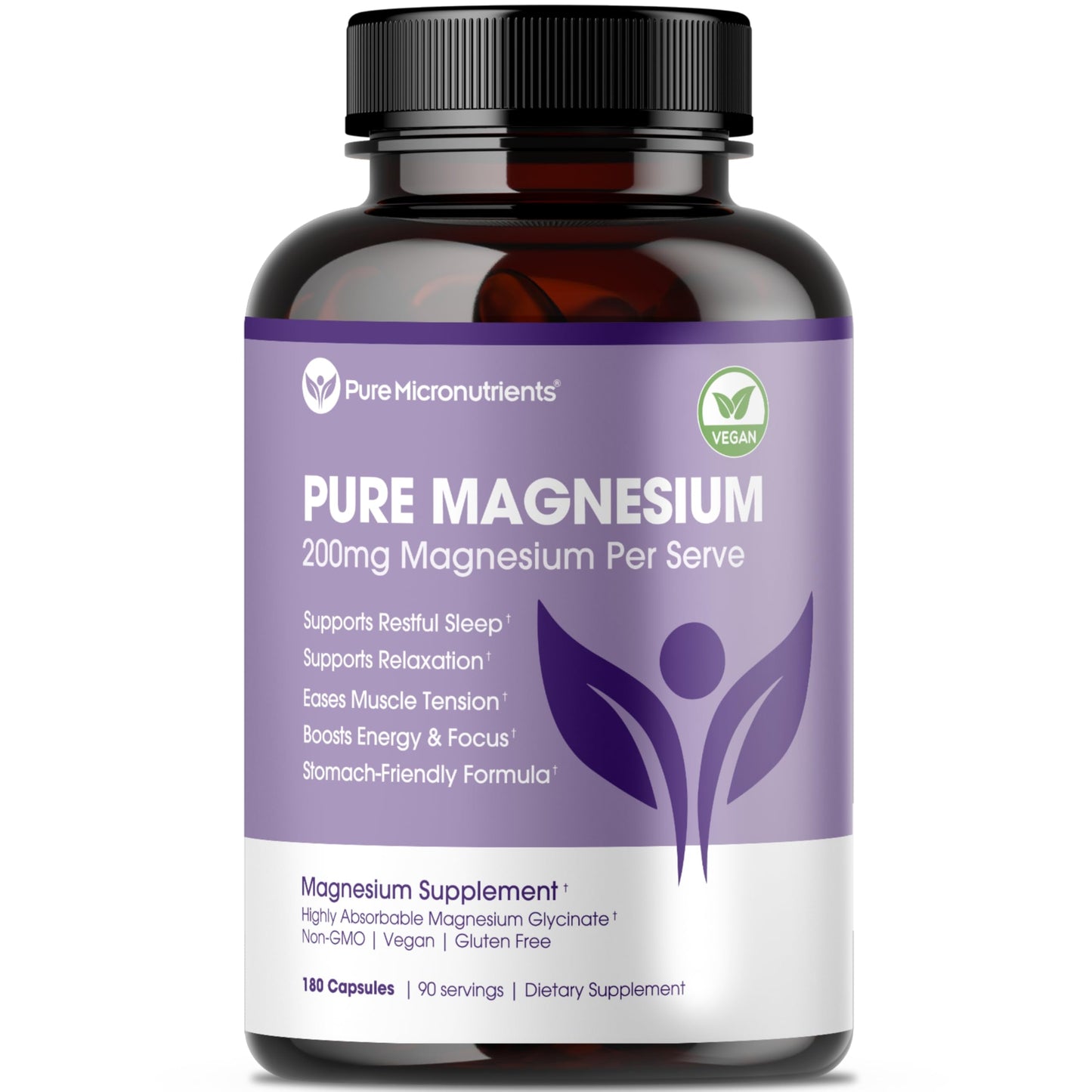 Pure Micronutrients Magnesium Glycinate Supplement, Highly Absorbable Chelated Magnesium to Support Sleep, Muscle & Nerve Health, Energy, Relaxation & Bone Health, 200mg Per Serving, 180 Capsules