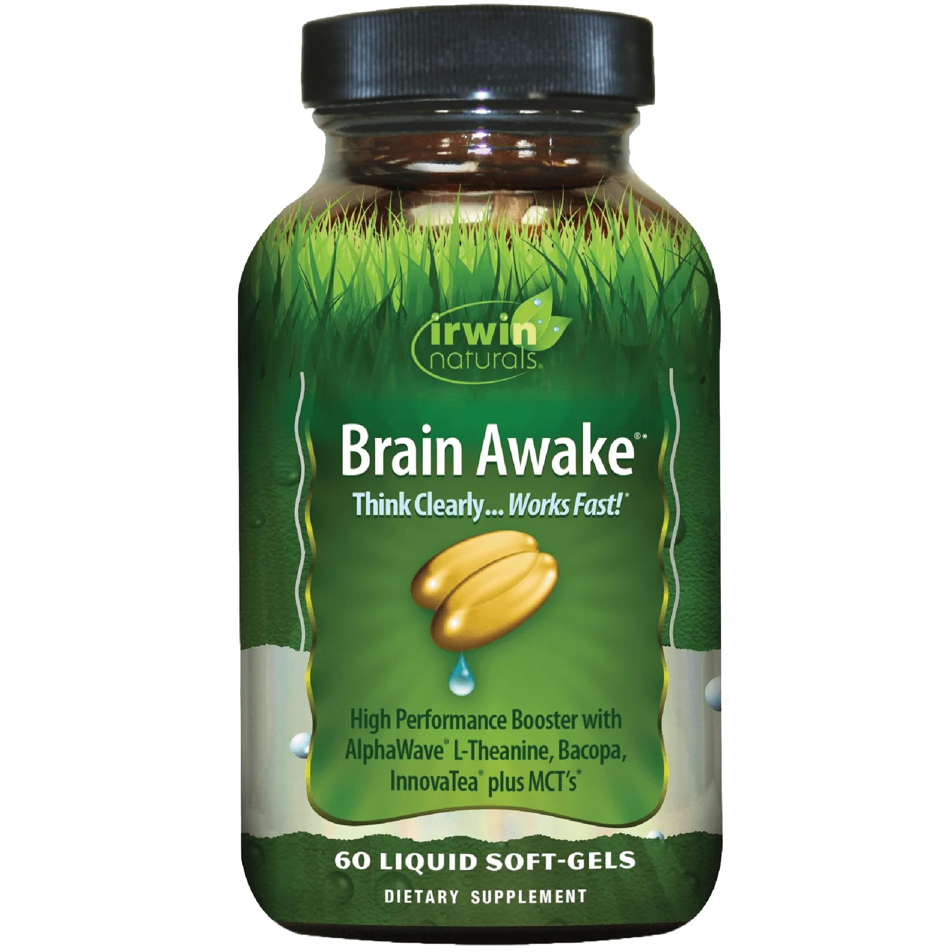Irwin Naturals Brain Awake Enhanced Mental Performance, Increased Focus, Boost Clarity & Concentration - Nootropic Booster with L-Theanine, Bacopa, MCTs & InnovaTea, 60 Softgels