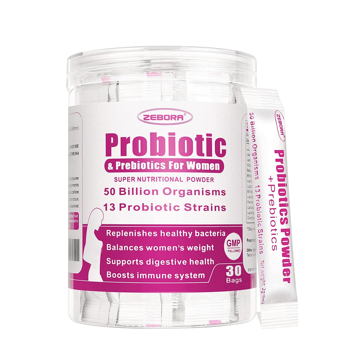 ZEBORA Probiorics for Women Probiotics Powder 50 Billion CFUs 13 Strain with Prebiotics for Digestive Health & Immune Support, Cranberry for Urinary & Vaginal Health, 2.12 oz