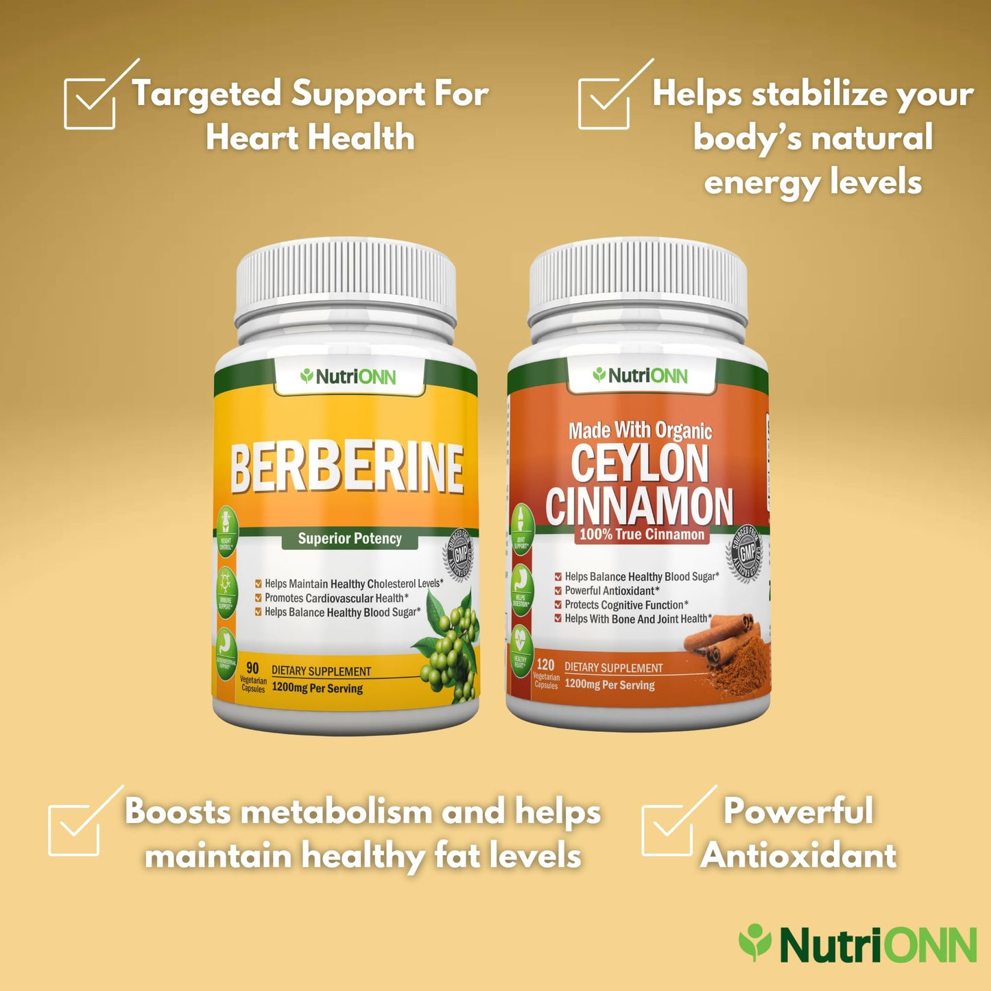 NutriONN Berberine Capsules & Organic Ceylon Cinnamon Combo, 210 Capsules