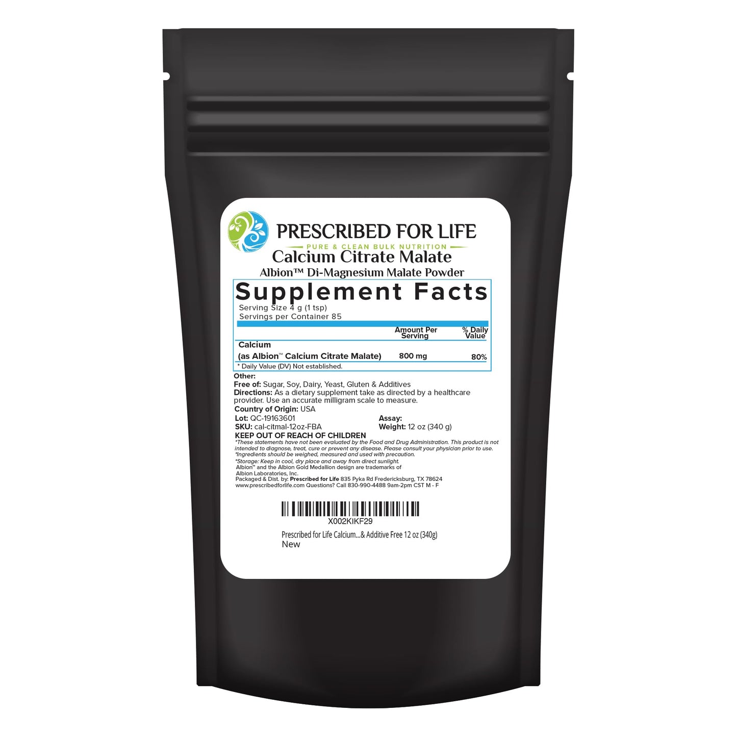 Prescribed For Life Calcium Citrate Malate Powder, Pure Vegan Calcium, Easy Absorption Formula, Non-GMO, Filler & Additive Free, 11.99 oz