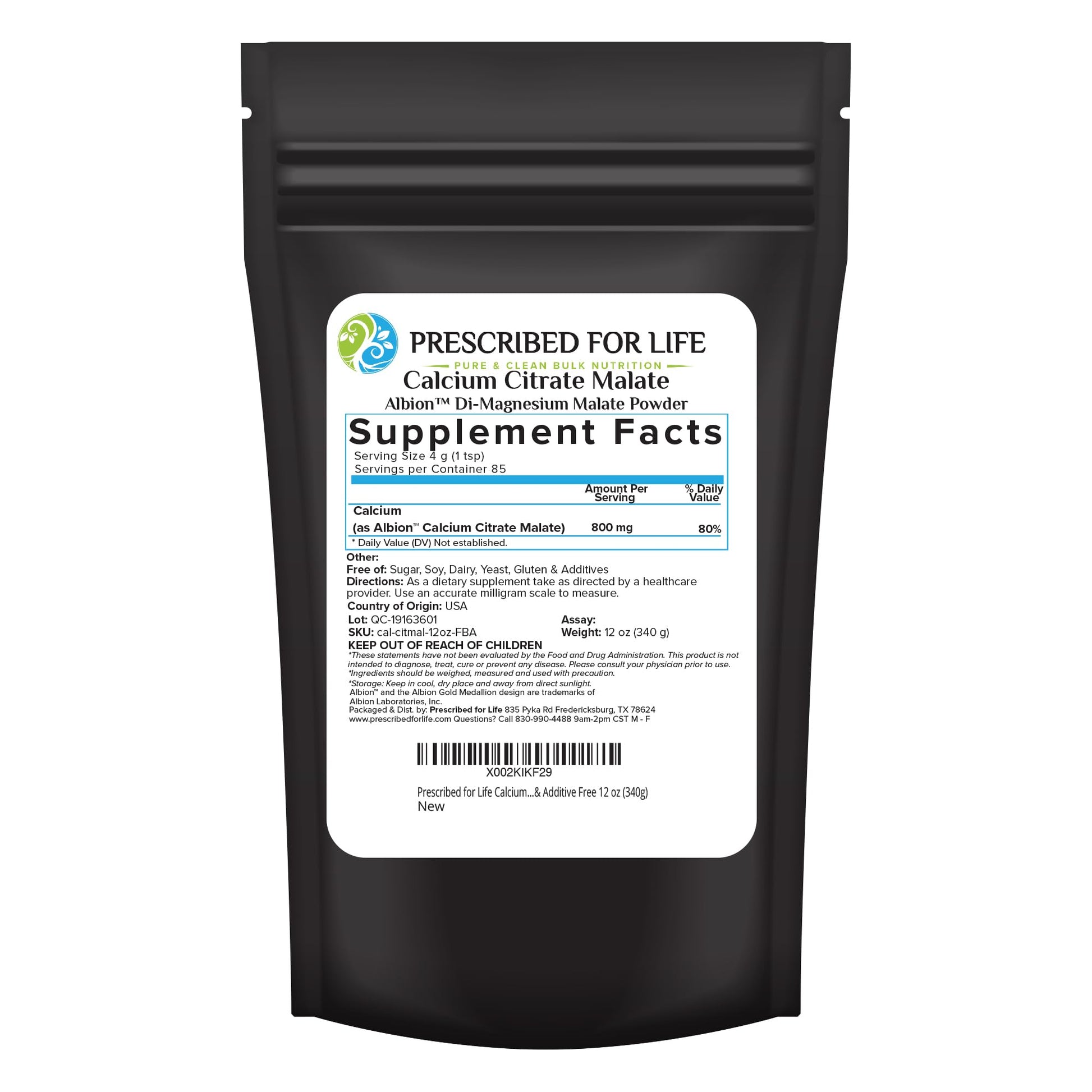 Prescribed For Life Calcium Citrate Malate Powder, Pure Vegan Calcium, Easy Absorption Formula, Non-GMO, Filler & Additive Free, 11.99 oz