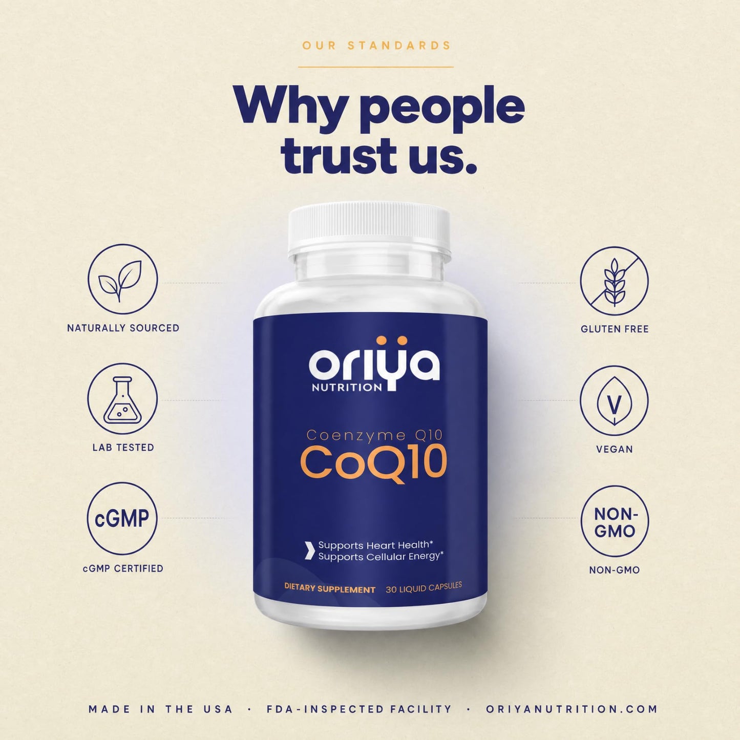 Oriya Nutrition CoQ10 120mg High-Absorption Liquid Veggie Capsule with Olive Oil & Vitamin E, 1 Count