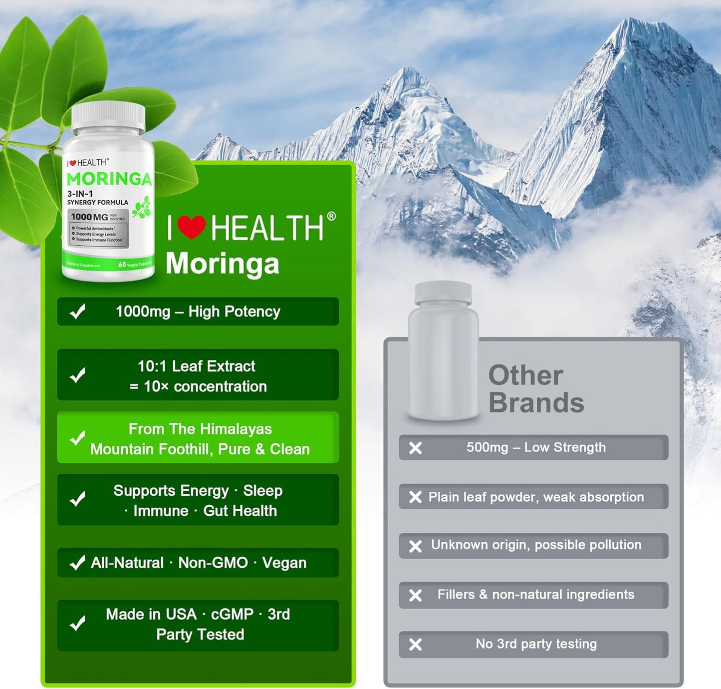 I LOVE HEALTH Moringa Capsules 1000mg – High Potency 10:1 Leaf Extract – Energy, Sleep, Immune & Gut Health Support – Vegan, Non-GMO, 60 Capsules