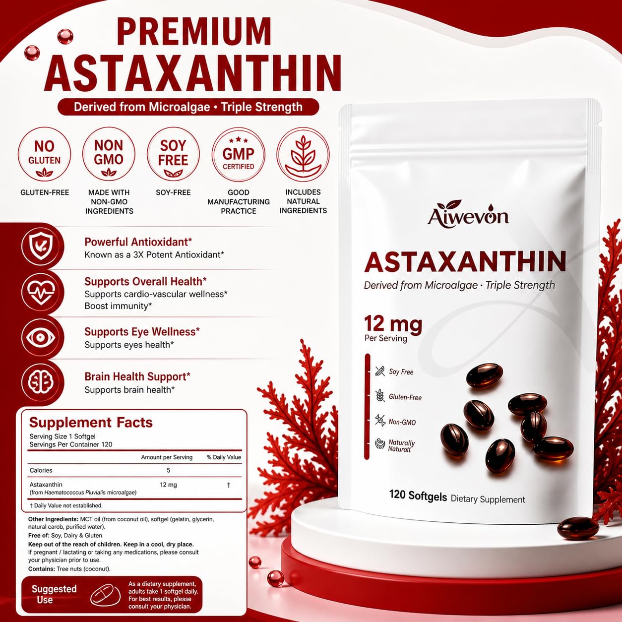 Aiwevon Natural Astaxanthin 12mg Softgels, 120 Count