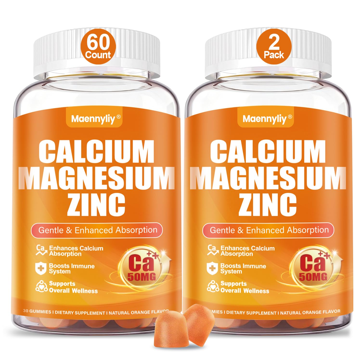 Maennyliy Calcium Magnesium Zinc Gummies with D3 & K2 – High Absorption Calcium Citrate for Women & Men, Sugar Free, Natural Orange Flavor, Non-GMO, Vegan, 60 Gummies