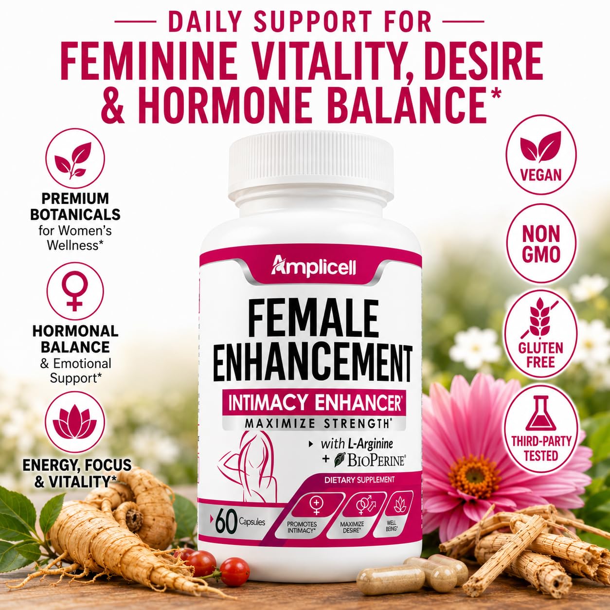 Amplicell Women's Libido Support for Drive, Energy, Mood & Hormone Balance Capsules, 60 Count