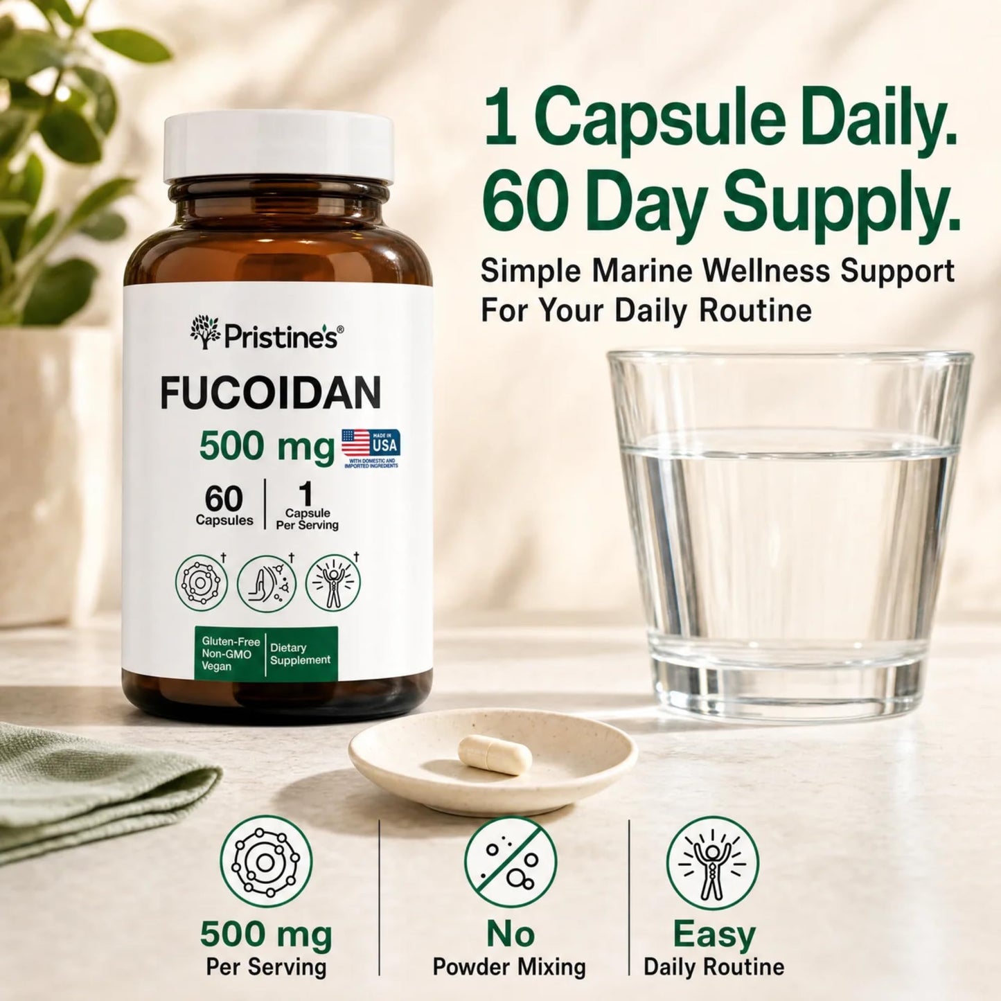 PRISTINE'S Fucoidan 500mg Brown Seaweed Extract Capsules, 60 Count