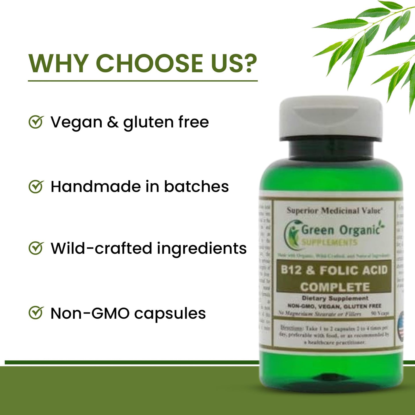 Green Organic Supplements Vitamin B12 & Folic Acid Complete Capsules 90