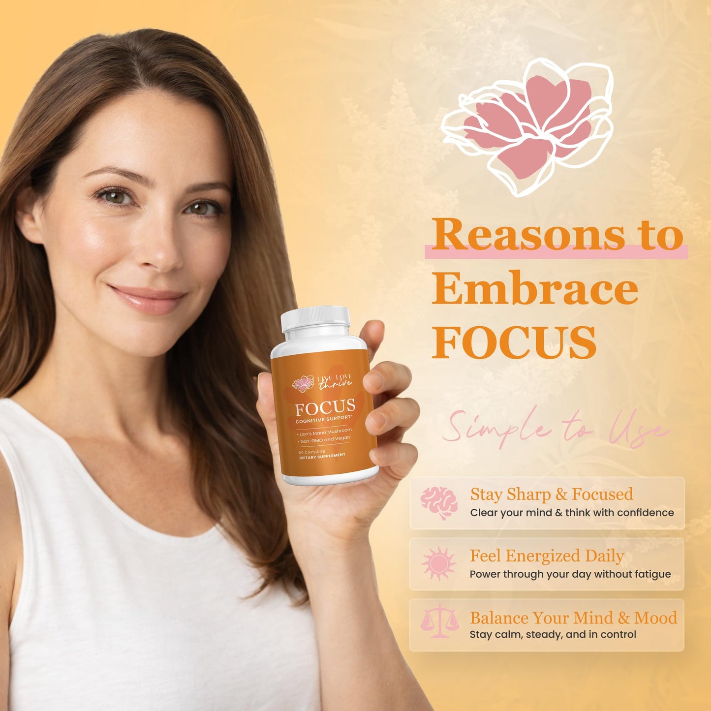 LiveLoveTHRIVE Lion's Mane Mushroom Supplement for Women Capsules, 60 Count